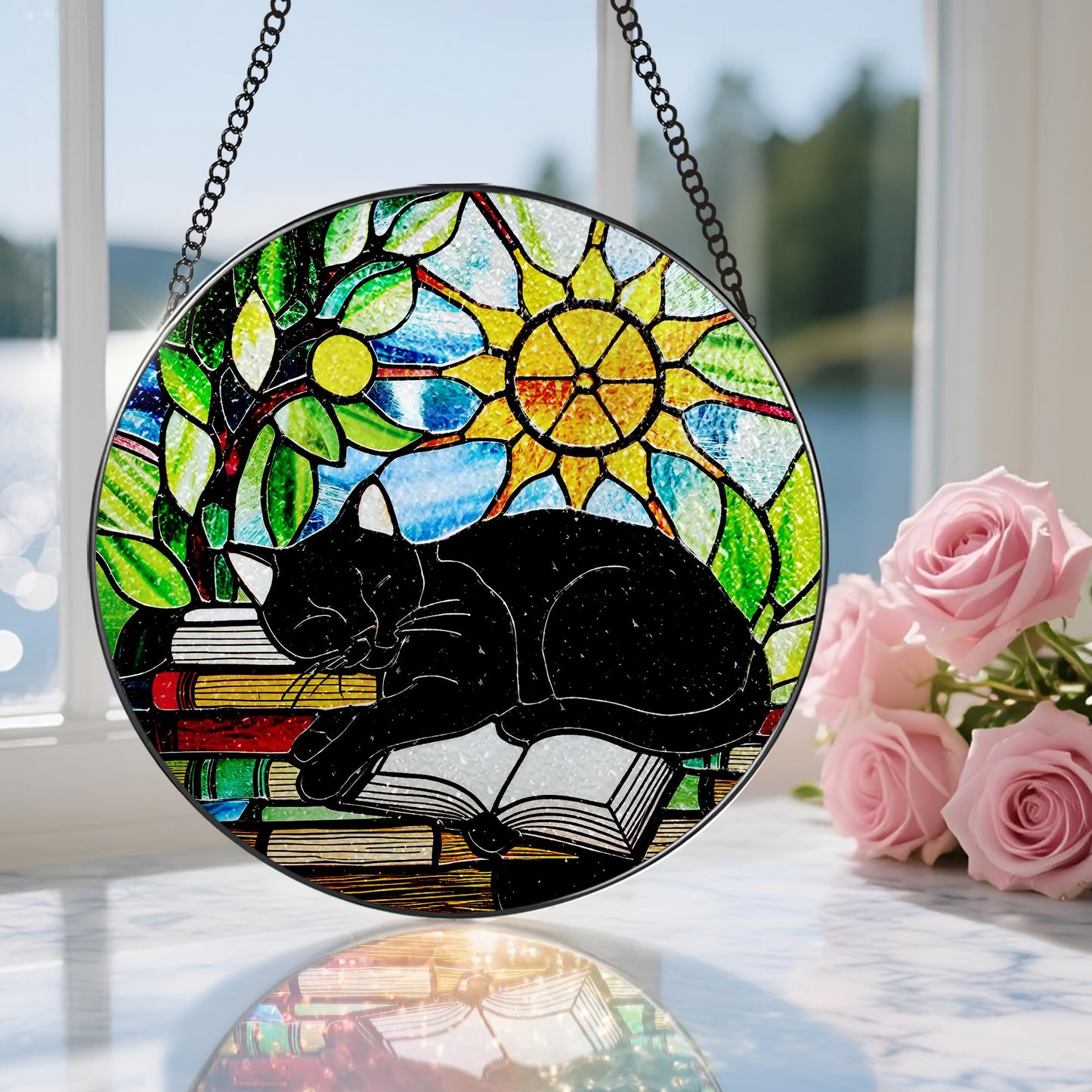 Stained Glass Window Hanging, 8 Inch Black Cat on Book Stained Glass Suncatcher, Window Decor Hanging, Cat Lover Gifts, Reading Decor, Bookish Gift, Librarian Gift, Book Lover Gifts