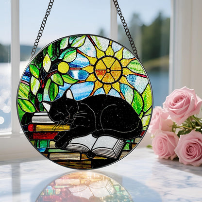 Stained Glass Window Hanging, 8 Inch Black Cat on Book Stained Glass Suncatcher, Window Decor Hanging, Cat Lover Gifts, Reading Decor, Bookish Gift, Librarian Gift, Book Lover Gifts