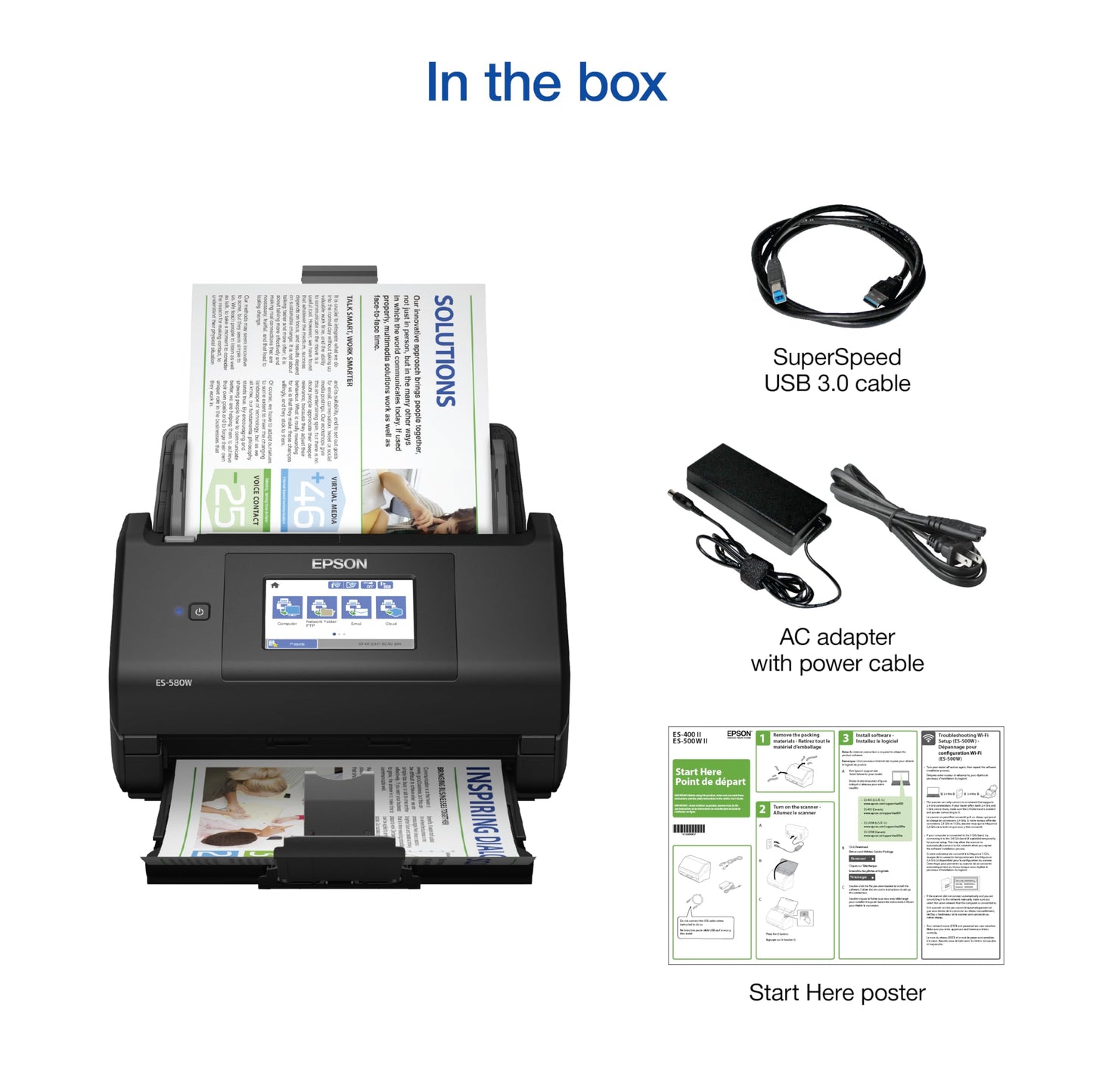 Epson Workforce ES-580W Wireless Color Duplex Tax Receipt & Desktop Document Scanner for PC and Mac with 100-sheet Auto Feeder (ADF), Intuitive 4.3' Touchscreen