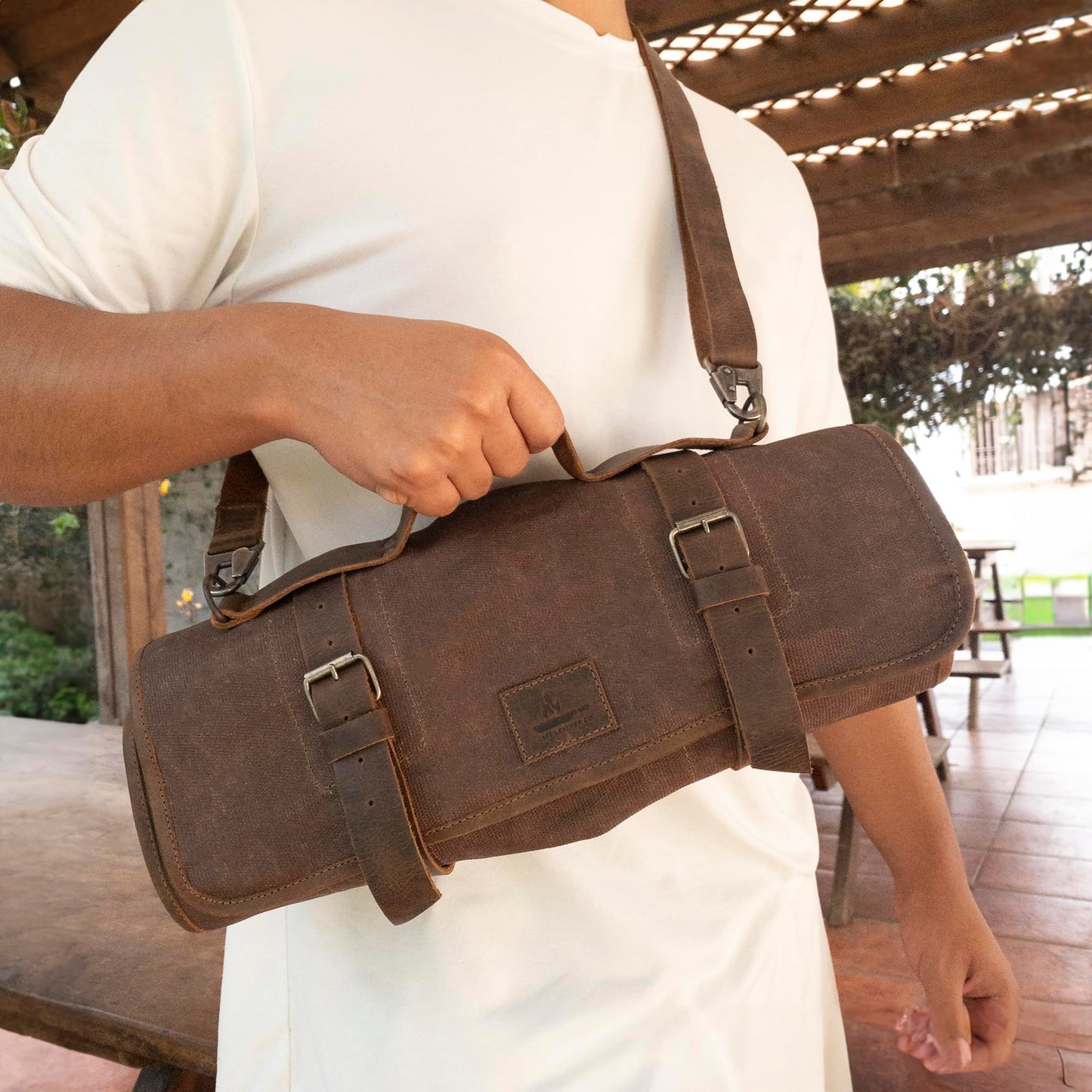 Cast Leather Co., Knife Roll with 8 Pockets, Portable Knife Organizer, Cooking Accessories, Travel Bag, Waxed Canvas, Handmade, Honey Bourbon