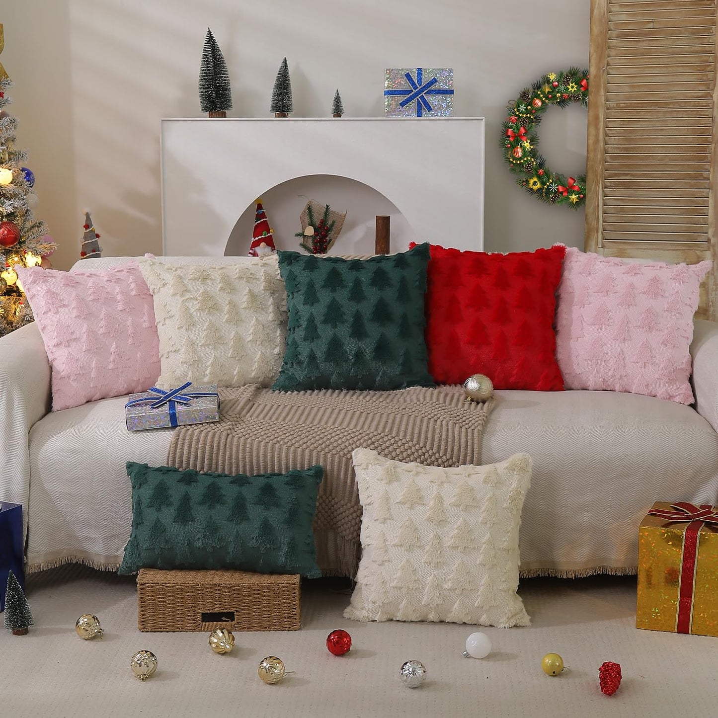 DFXSZ Christmas Tree Pillow Covers 18x18 inch Set of 2 Christmas Decoration Green Soft Plush Faux Fur Jacquard Throw Pillows for Bedroom Sofa Holiday Festivals Winter Home Decor PTK006A18