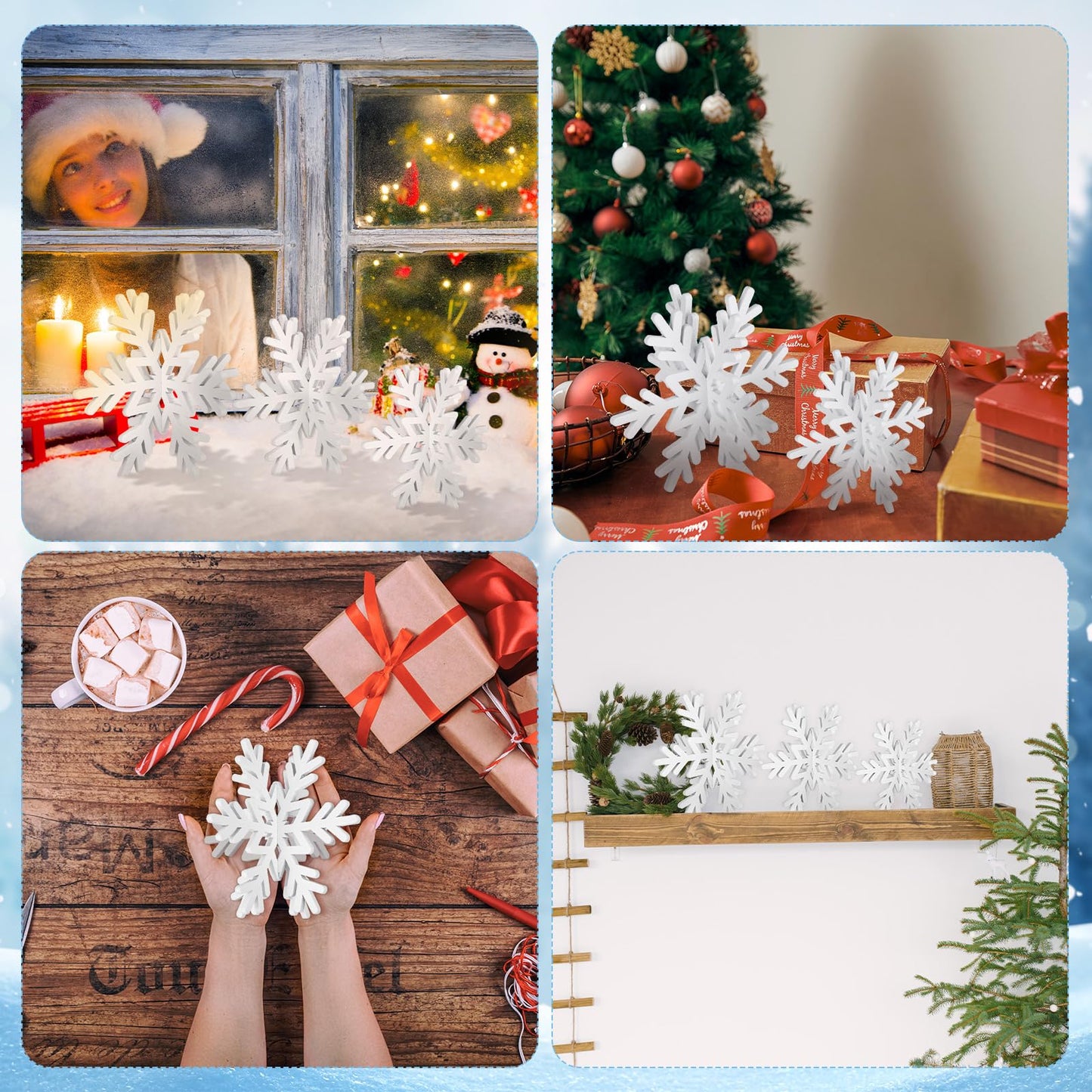 Qunclay 20 Pcs Wooden Snowflake Decorations 3D Snowflake Tabletop Decor Winter Signs and Centerpiece for Winter Wonderland Decorations Xmas Tiered Tray Decor(White)