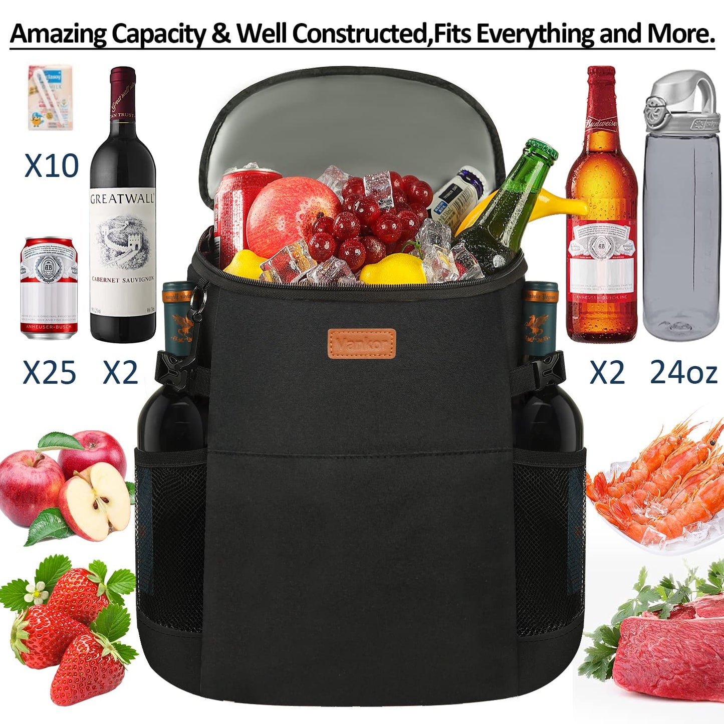 Camping Cooler Backpack 30 Cans, Soft Backpack Coolers Insulated Leak Proof Travel Cooler Bag Waterproof Lunch Picnic Beach Work Trip Thermal Bag Drink Beverage Beer Cooler Black