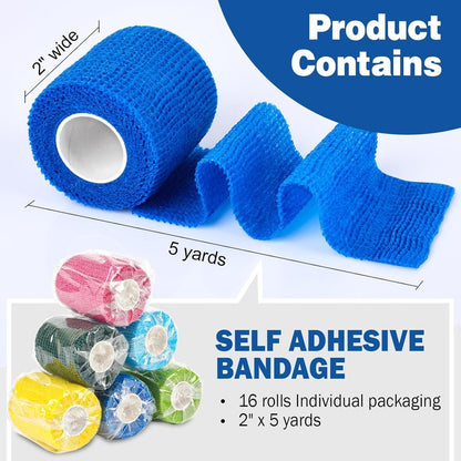 Self Adhesive Bandage Wrap - 16 Pack Elastic Cohesive Tape | 2" X 5 Yards, Colorful Athletic & Vet Wrap