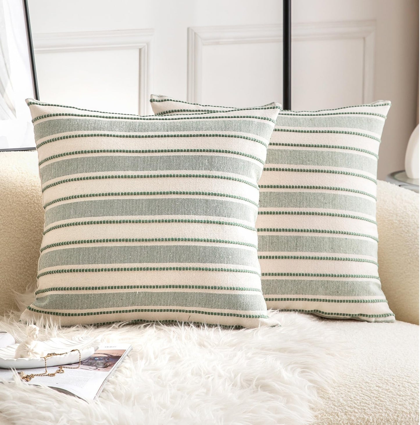 Cethom Decorative Boho Throw Pillow Covers, Farmhouse Textured Pillow Case, 20 x 20 Inch Set of 2, Chair Sofa Bedroom Living Room Home Decor Couch Cushion Case, Green and Beige Striped