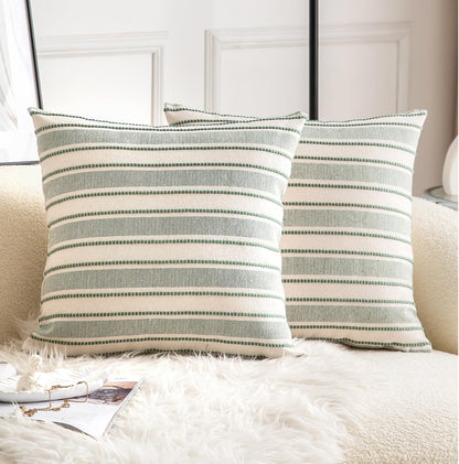 Cethom Decorative Boho Throw Pillow Covers, Farmhouse Textured Pillow Case, 20 x 20 Inch Set of 2, Chair Sofa Bedroom Living Room Home Decor Couch Cushion Case, Green and Beige Striped