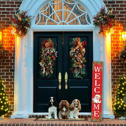 Christmas Wooden Porch Sign 47" Santa Claus Large Welcome Porch Sign for Home Front Door Yard Party Decor(Red)