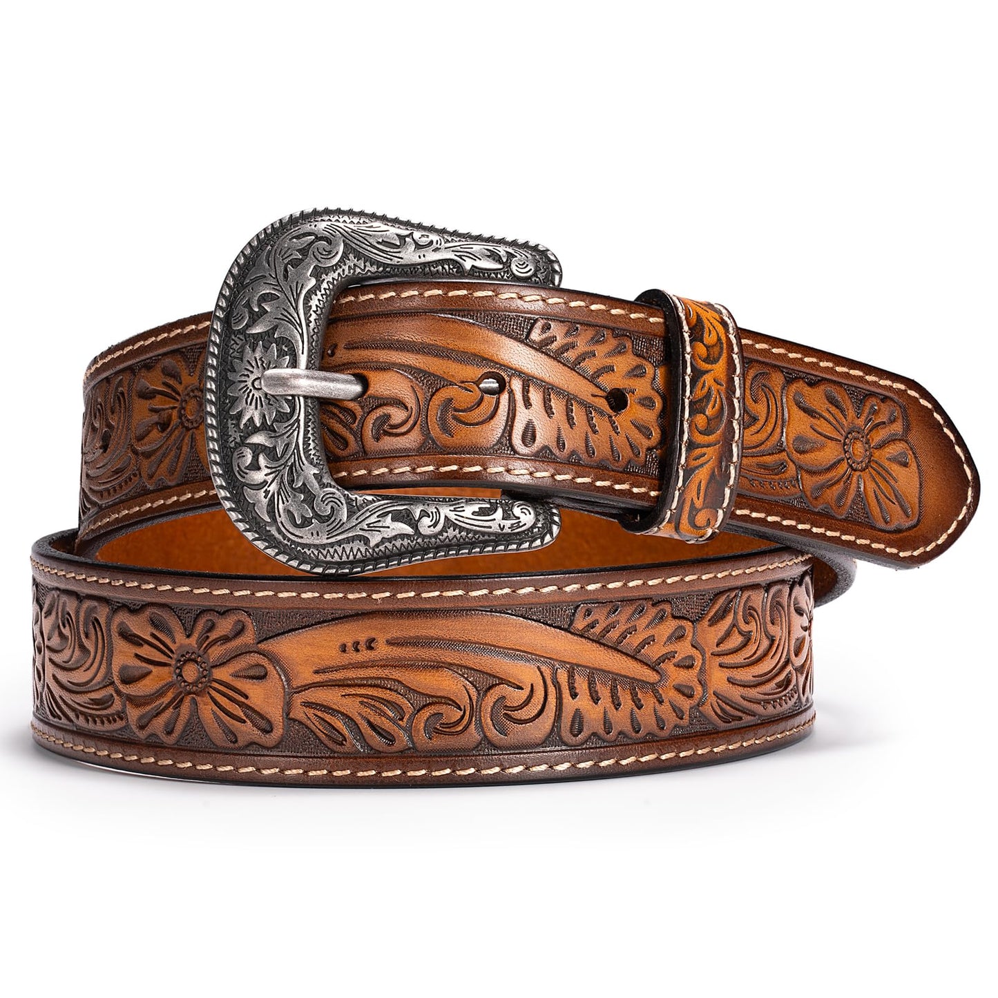 Biybletes Western Cowboy Leather Belt - 1.5" Genuine Leather Country Belt with Durable Buckle (Brown-3, Fit Pants Size 34)