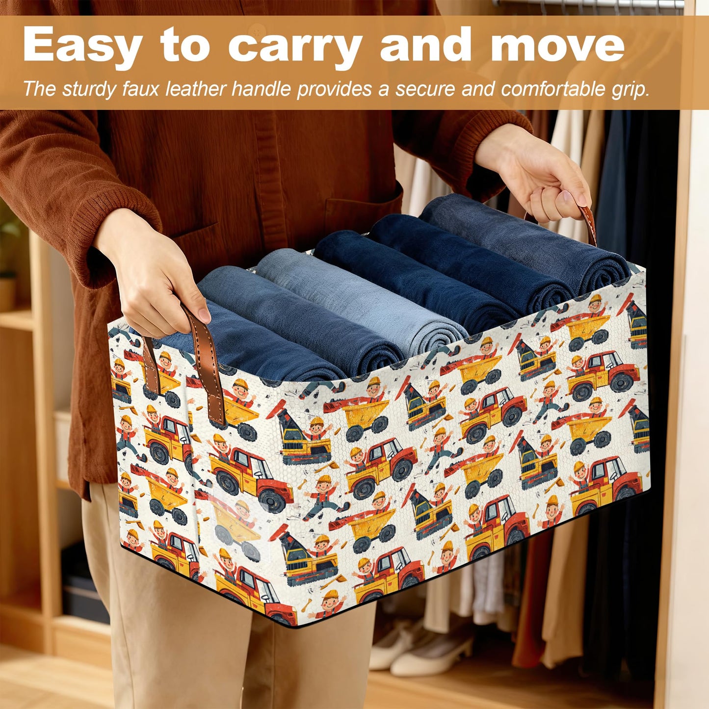 Oeaskly Storage Bins with Handles, Oxford Cloth Storage Basket with Sturdy Frame, Car Excavator Collapsible Organizer for Closet, Shelf, Clothes, Towels, Home Storage