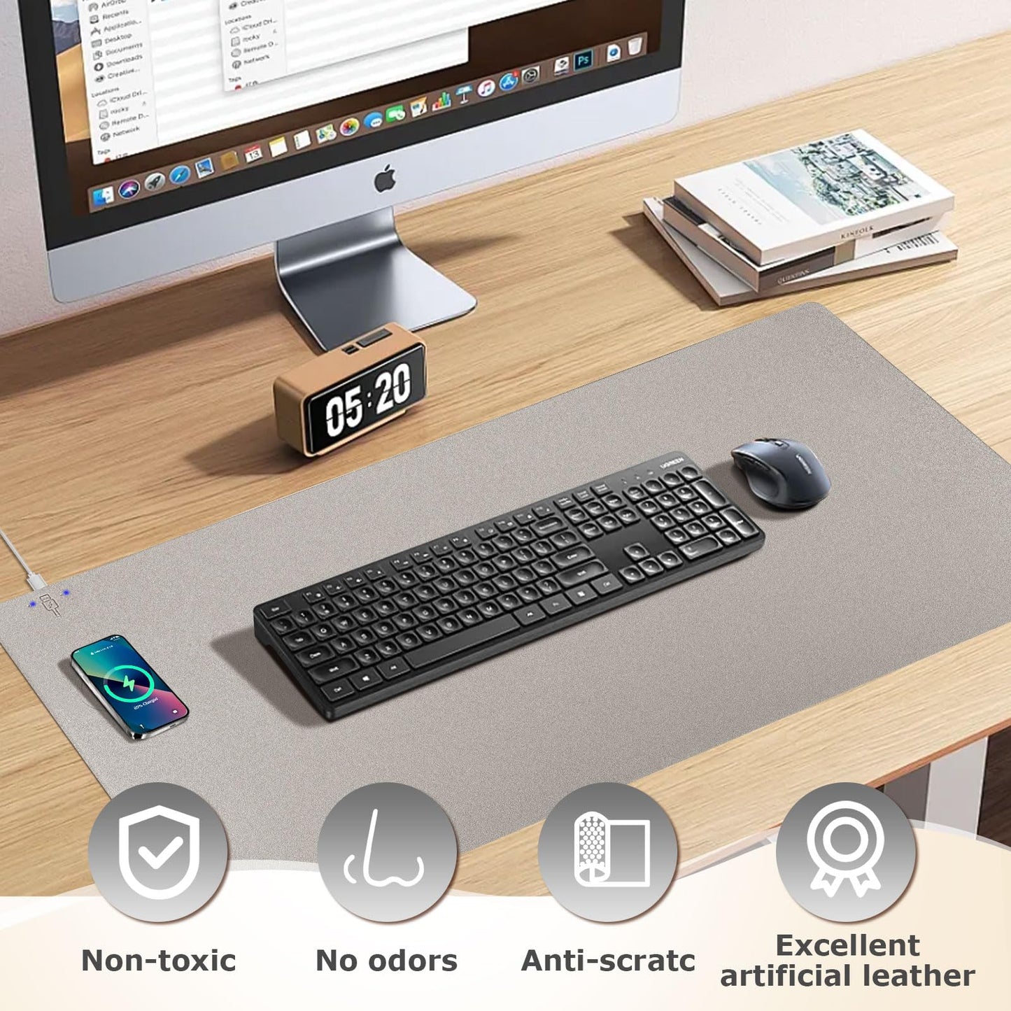 Wireless Charging Mouse Pad Firelison 2 in 1 Leather Multifunctional Office Desk Pad with Non-Slip Rubber Base, Waterproof Desk pad for Computers/Office/Work/Home/Decor（ 36" x 17"Grey - L）