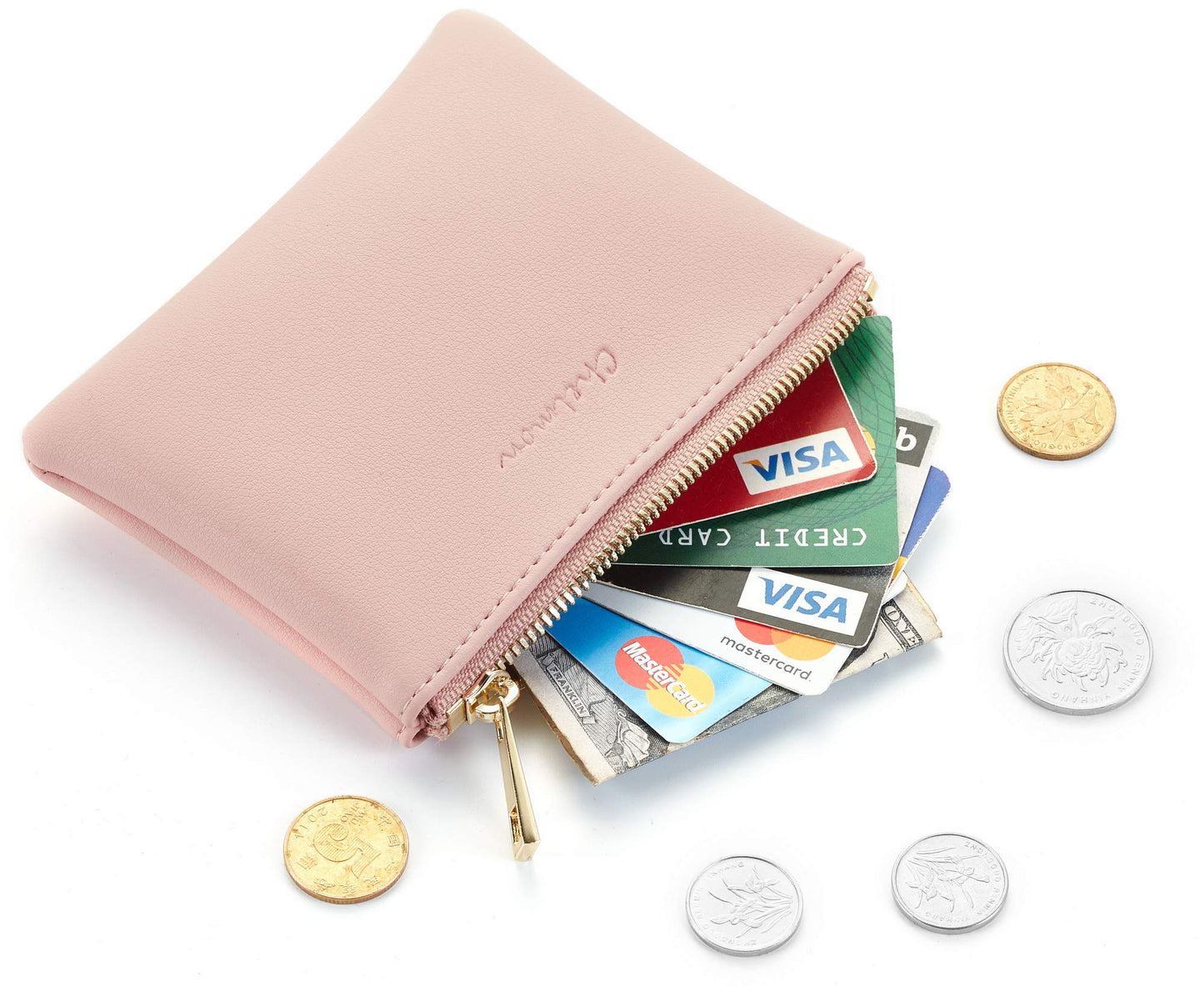 Chelmon Vegan Leather Coin Purse Pouch Change Purse With Zipper For Men Women (Pink Lotus)