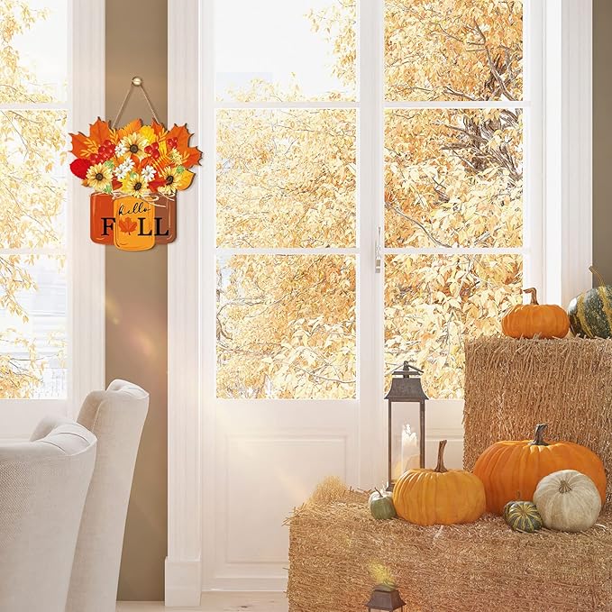 Newcotte Thanksgiving Wooden Sign Fall Decoration for Home Hello Fall Door Sign Farmhouse Maple Leaves Wall Hanging Decoration Door Hanger Wreath for Thanksgiving Autumn Porch Outdoor Home Decor
