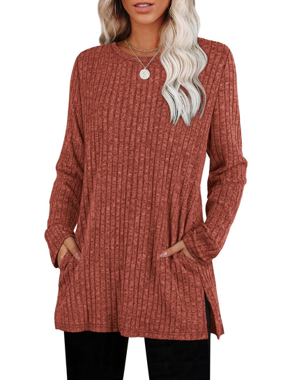 SAMPEEL Womens Sweaters Crewneck Long Sleeve Shirts with Pockets Fall Outfits 2025 Fashion Winter Clothing Side Slit