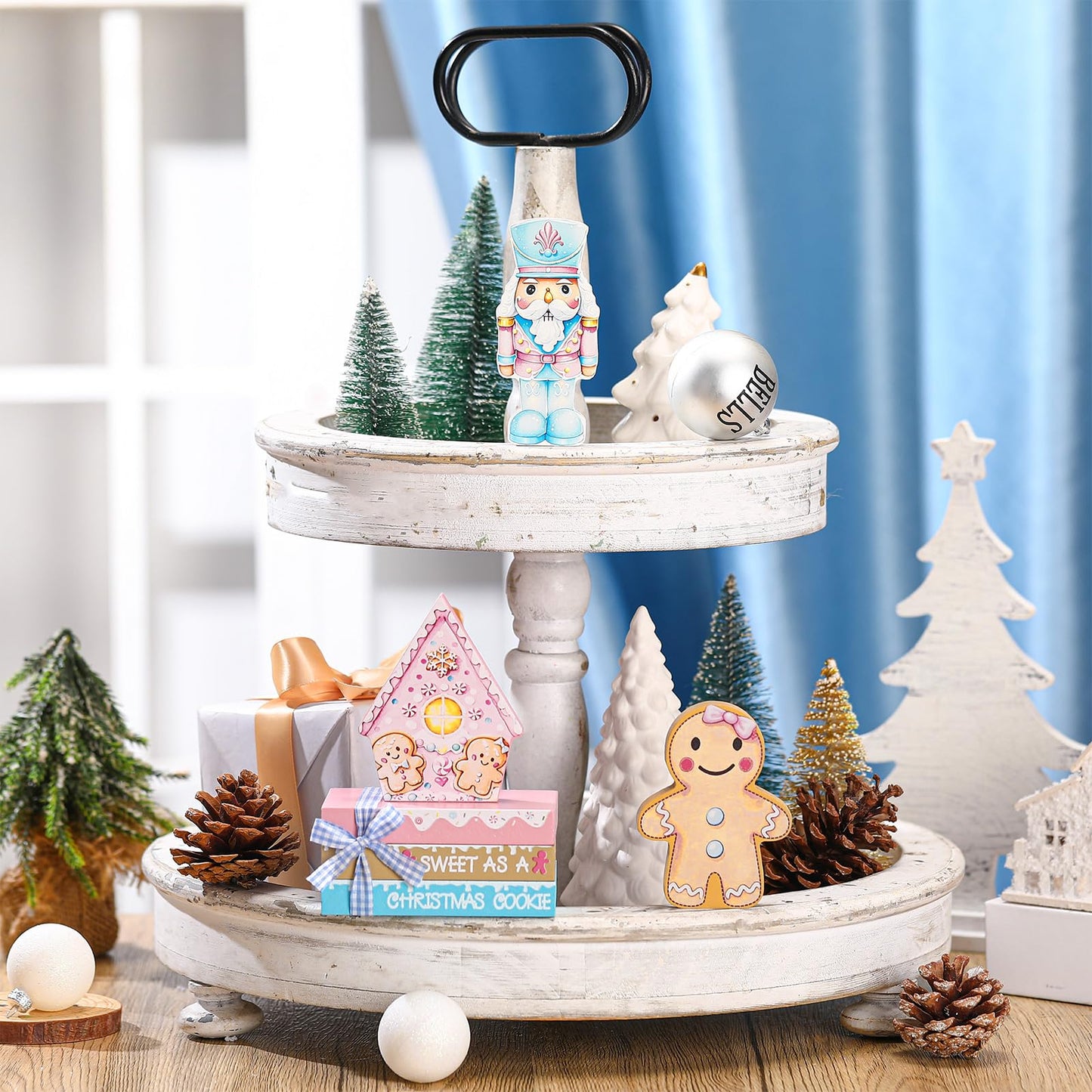 Sivak 6 Pcs Pastel Pink Gingerbread Christmas Decor Gifts, Pastel Pink Christmas Decorations Indoor, Gingerbread House Decorations, Xmas Decor for Farmhouse Home Office Mantel Shelf Table Tiered Tray