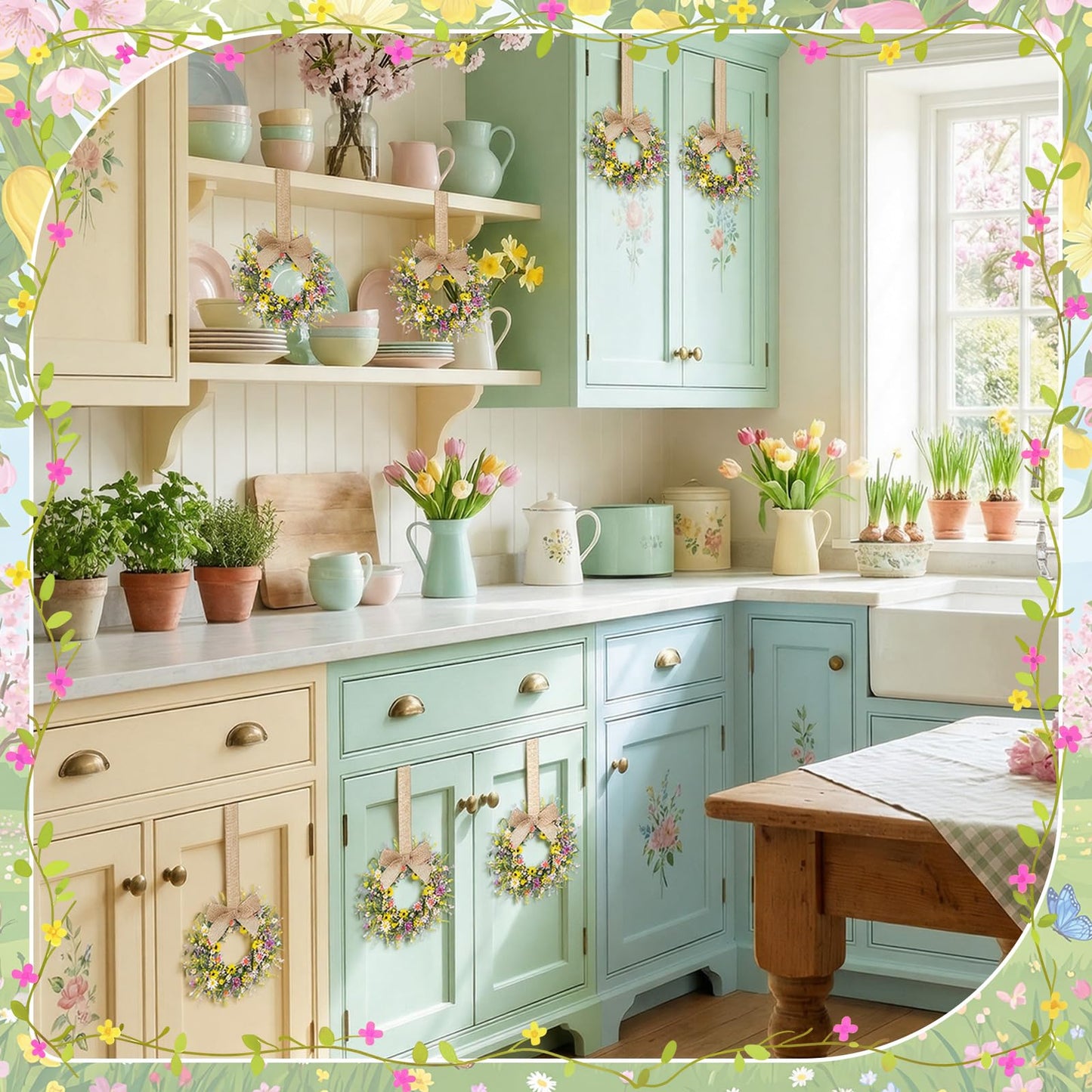 Dingion 6 Pcs 6" Mini Spring Cabinet Wreaths Spring and Summer Wildflower Candle Rings Wreaths for Kitchen with Ribbon Small Floral Wreath for Window Door Farmhouse Wedding Decorations