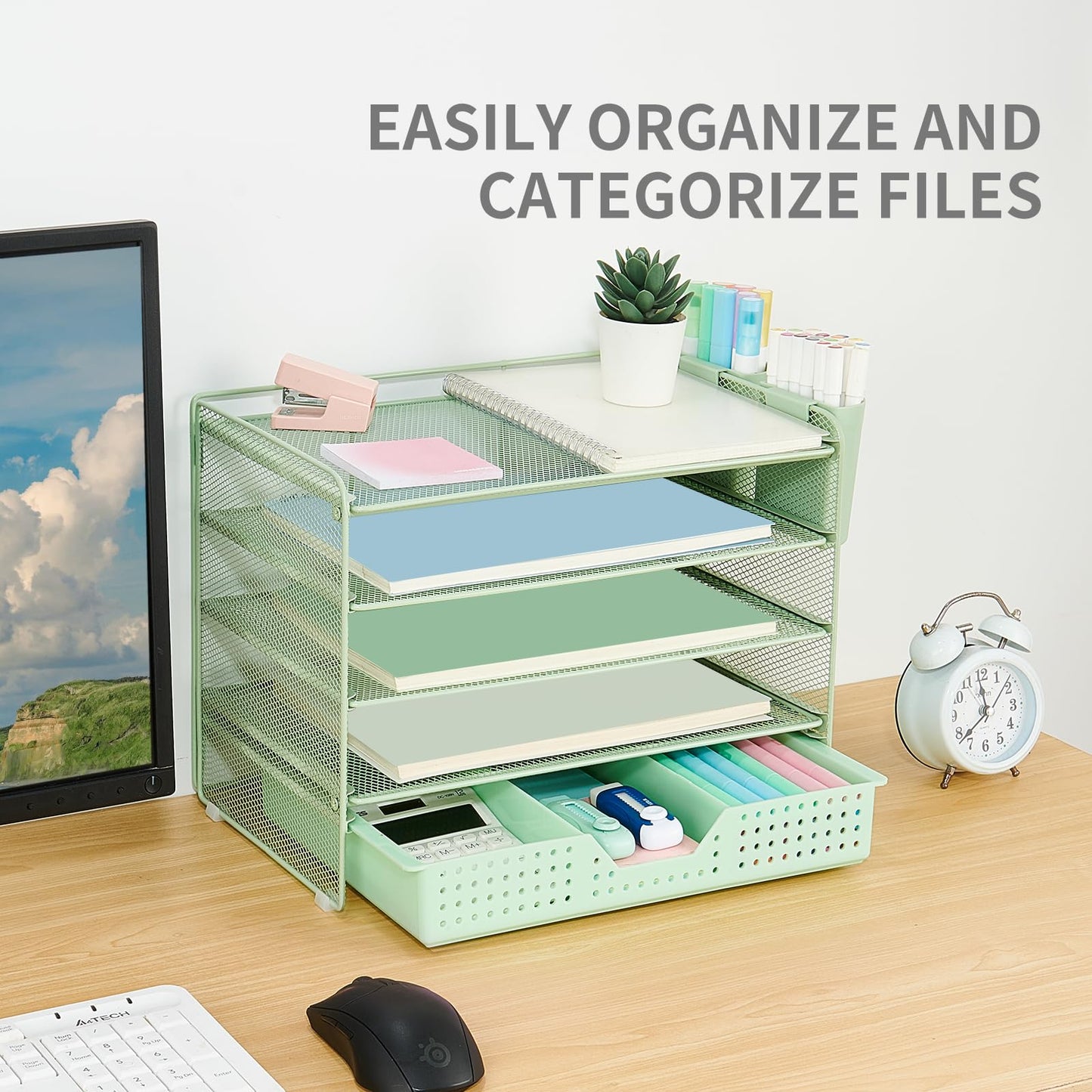 LEKETREE Desk Organizers and Accessories, 5-Tier Paper Letter Tray Organizer with Drawer & 2 Pen Holders, Desktop Organizer for Office Supplies (Green)