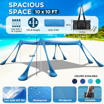 VIONMI Beach Canopy Beach Tent Pop Up Shade 10x10ft Sun Shelter UPF50+ with 8 Sandbags-2 Sand Shovel-4 Aluminum Poles-Ground Pegs-Portable Carrying Bag for Outdoor Family Camping Fishing Yard Picnic