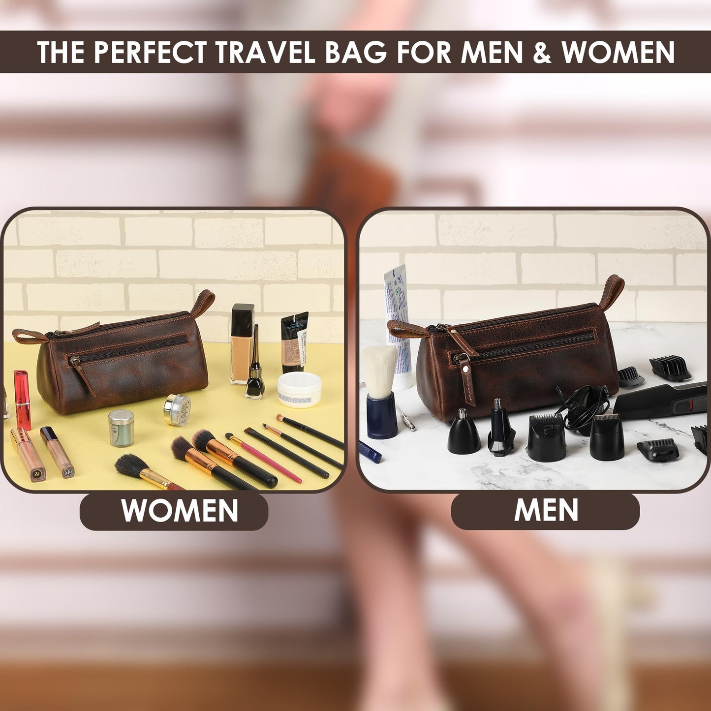 TheAntiq Leather Makeup Bag for Women – Genuine Leather Cosmetic Bag Travel, Handmade Zippered Makeup Pouch, Small Toiletry Bag, Shaving Kit & Stationery Organizer- Brown
