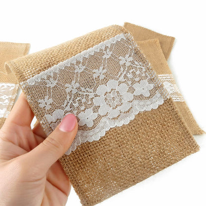 FQTANJU 50 PCS 4"x8" Burlap Lace Utensil Cutlery Holders Pouch Silverware Holder Knifes Forks Bags Burlap Napkin Bag for Rustic Wedding Party Decorations favors