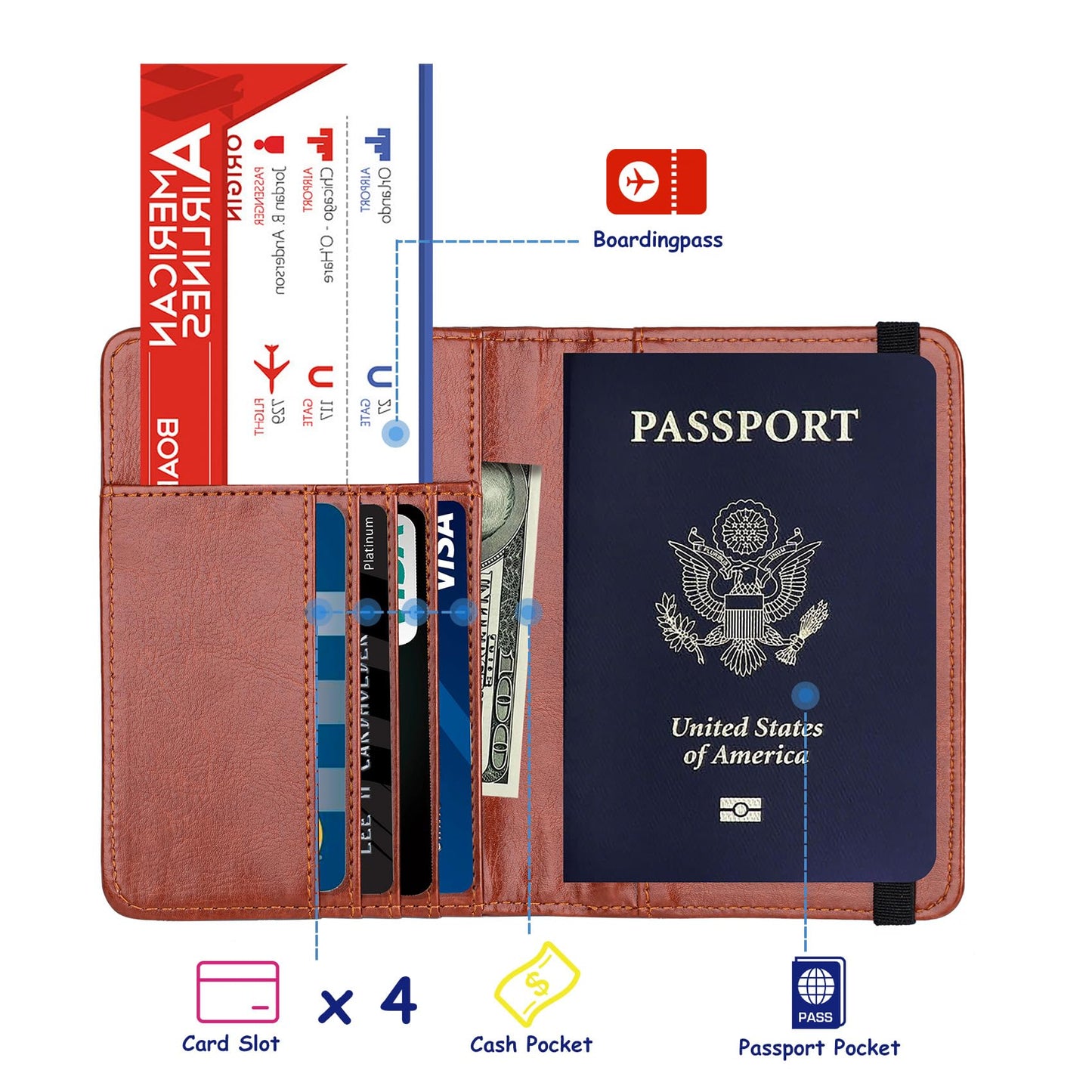 TOURSUIT RFID Blocking Passport Holder for Women Men, Leather Passport Travel Wallet with Metal 3D Metal Badge, Travel Document Holder Cover Accessories (Brown)