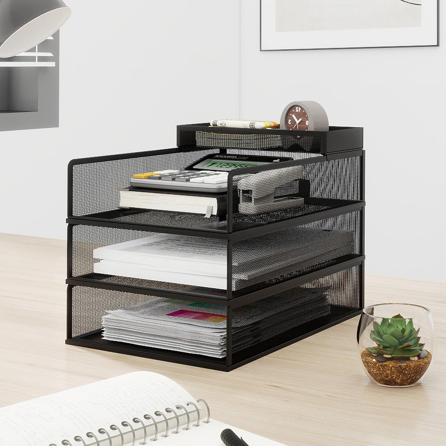Natwind 3 Tier Stackable Paper Trays for Letter Documents, Desktop File Organizers for Office Supplies, Metal Mesh Desk Organizer，Office Organizer，Letter Trays for Home, Office, School，Black