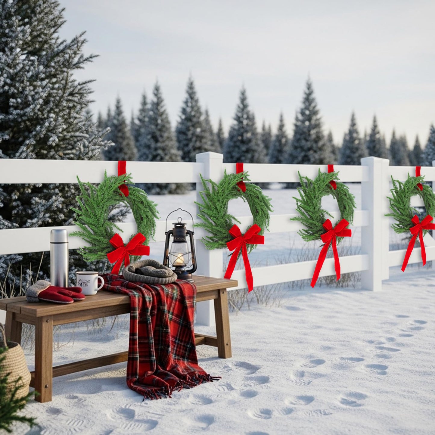 Janinka 6 Pcs Christmas Wreath for Windows 11.8 Inch Christmas Window Decorations Cabinet Wreaths with Red Bow Greenery Artificial Hanging Garlands for Fireplaces Window Home (Norfolk)