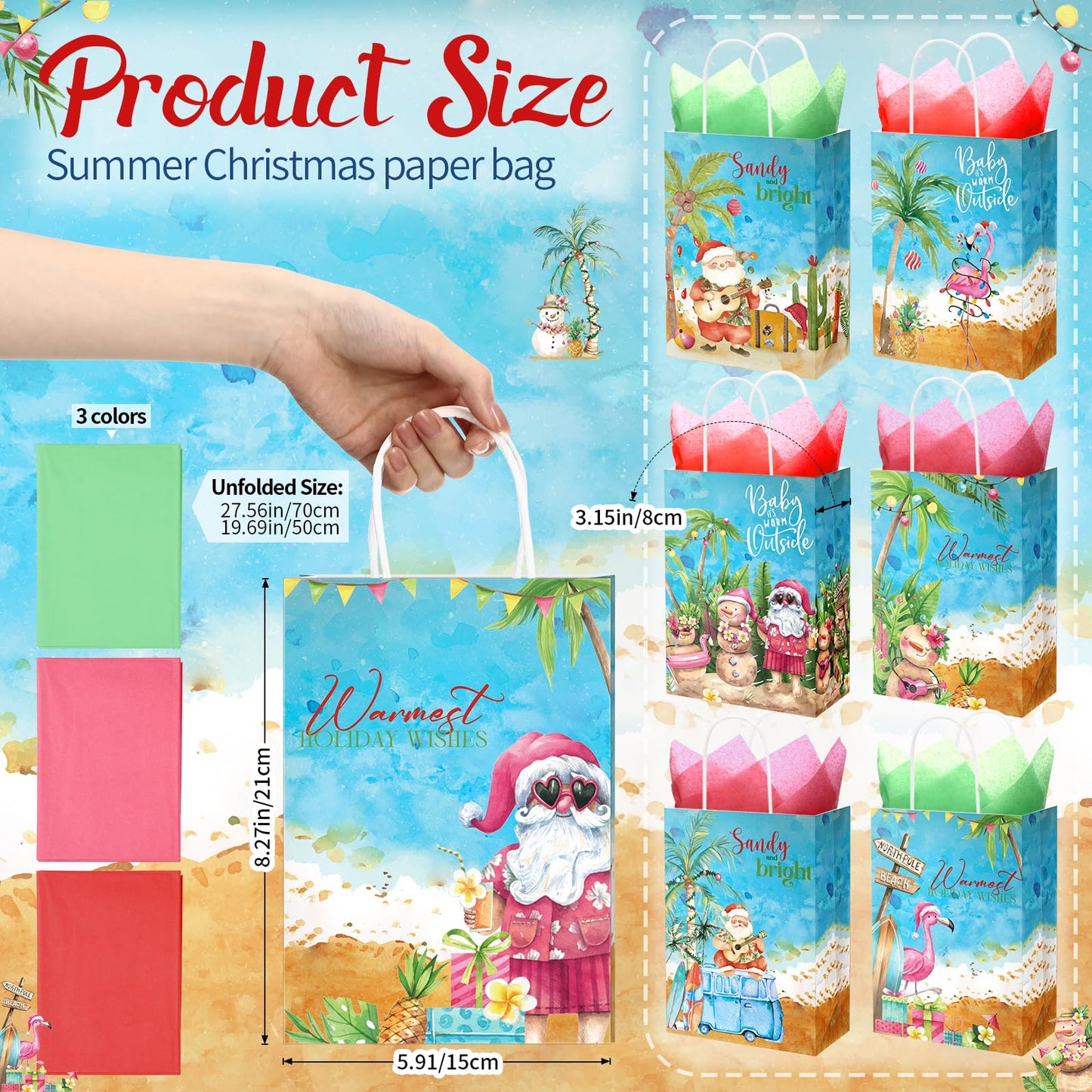Sinload 36 Sets Summer Christmas Party Gift Bags with Tissue Paper Xmas in July Santa Tropical Goodie Bags with Handle Christmas Treat Tote Hawaiian Flamingo for Beach Pool Birthday Party Decoration