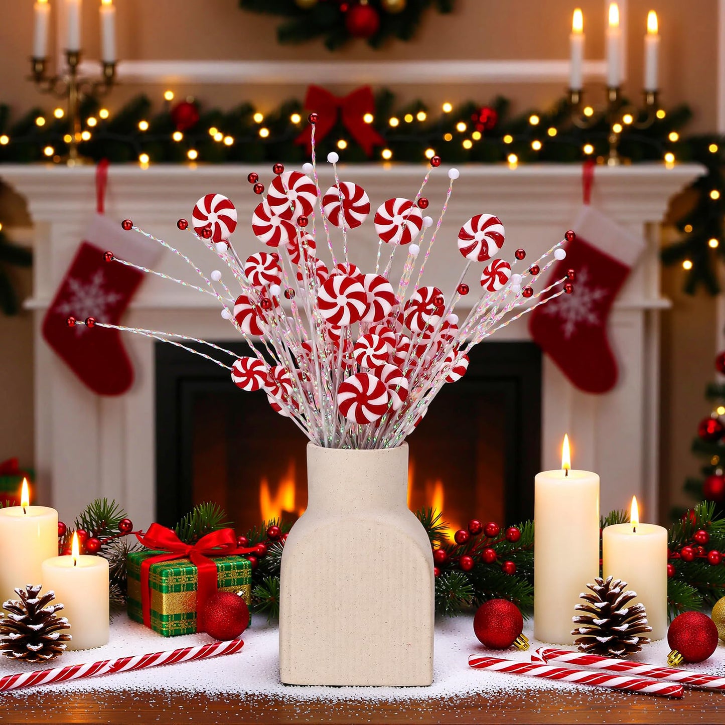 Suncalla 6 Pcs Candy Cane Christmas Tree Picks Red White Artificial Decoration Flower Vase Filler Ornament Christmas Tree Picks for Table Centerpiece DIY Home Wreath Decor