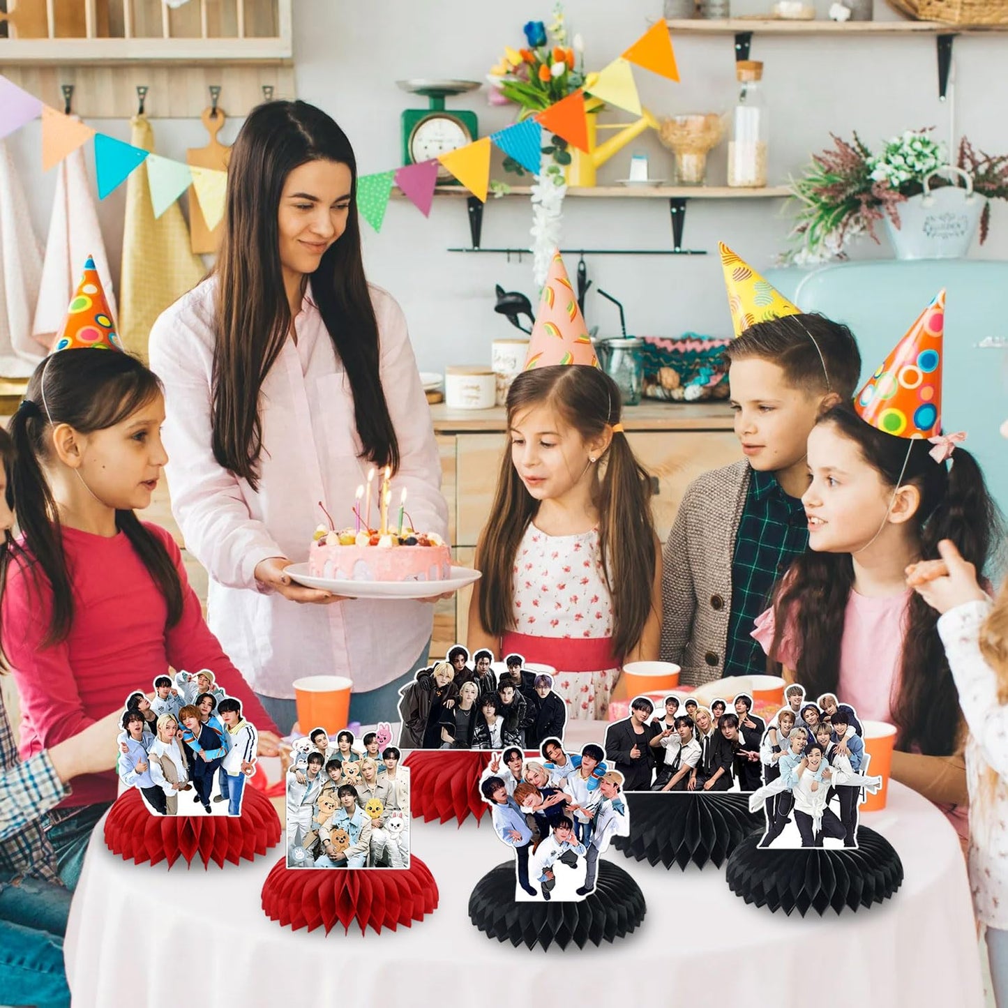 Kpop Theme Party Supplies, 7Pcs 5 Star Party Table Centerpieces, Cake Toppers, Photo Booth Props, for K-Pop Idol Stray Kids Birthday Decorations for Fans Merch