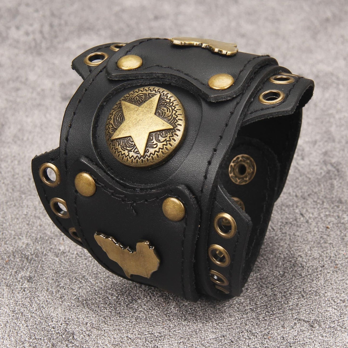 GelConnie Womens Black Leather Cuff Bracelet Wide Leather Biker Cuff Bracelet for Men Star Studded Punk Rock Wristband Gothic Bracelets