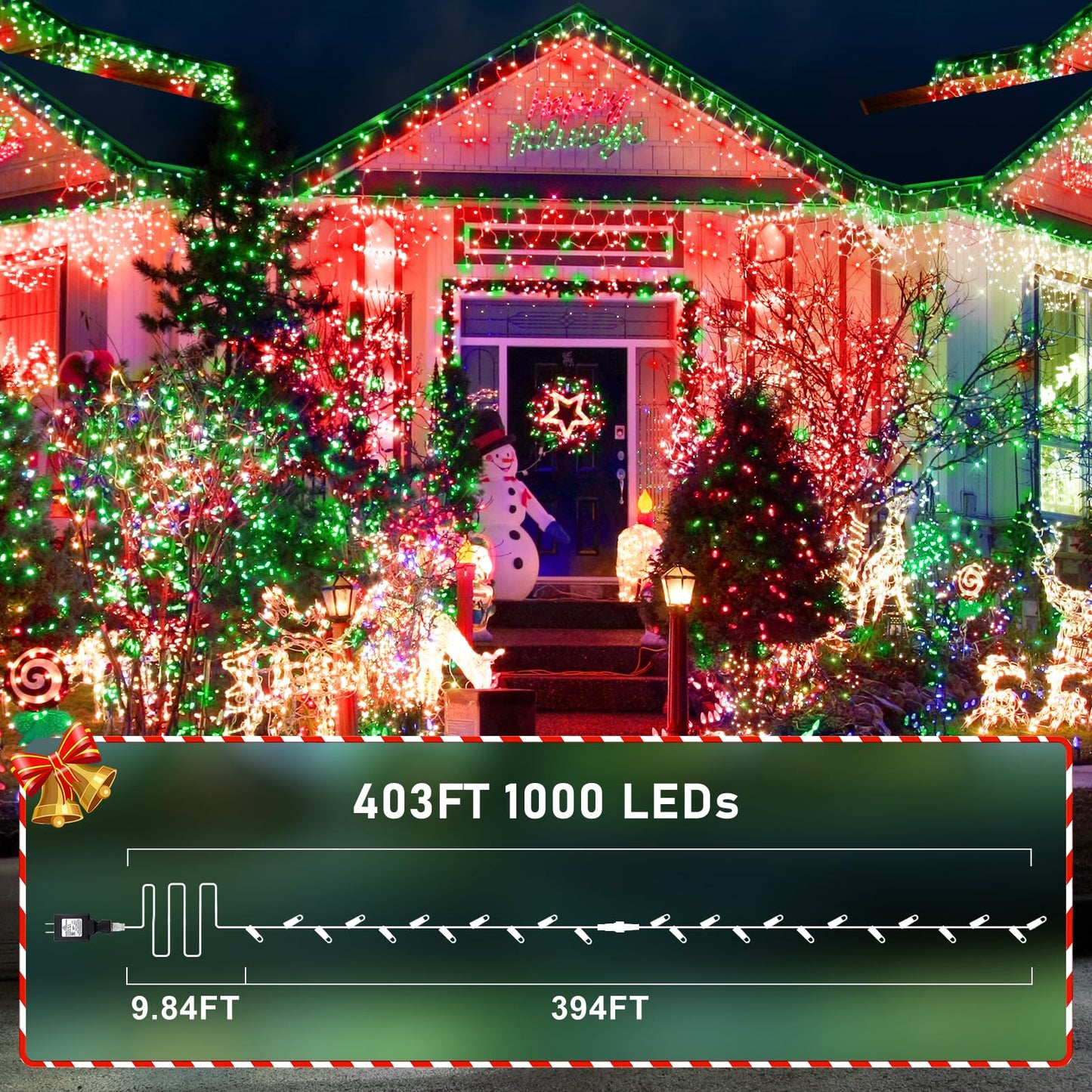 KNONEW 403ft 1000 LED String Lights Outdoor Christmas Lights 8 Modes & Timer Fairy Light Plug in Waterproof LED String Lights for Xmas Yard Tree Wedding Party Holiday Decorations (Red and Green)