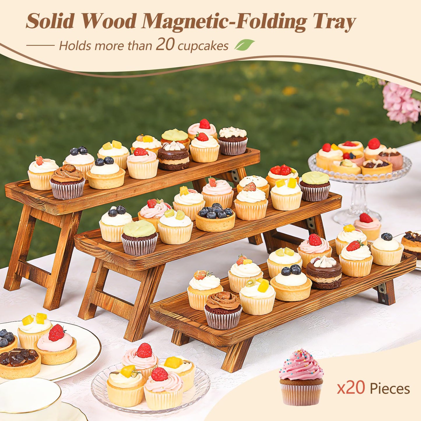 Wisreach 3 Tier Wooden Serving Tray Stand, Foldable Tiered Dessert Display Set for Party, Wedding, Birthday, Christmas, Rustic Charcuterie Boards Table Decor