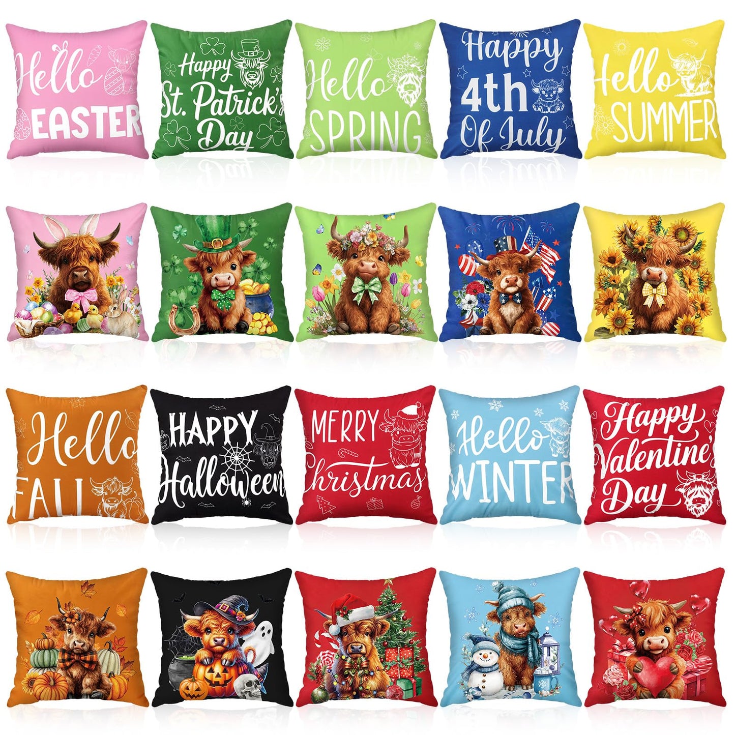 Mindsoft 20 Pcs Holiday Pillow Covers 18 x 18 Easter Pillow Cover Spring Summer 250th Anniversary Pillowcase Decorative Seasonal Cushion Case for Farmhouse Home Sofa(Highland Cow)