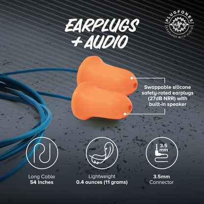 Plugfones Basic Earplug Headphones Earplug-Earbud Hybrid 27 dB Noise Reduction Rating OSHA Compliant Hearing Protection Earphones Noise Reducing Work Headphones Orange Foam Bell Earplugs