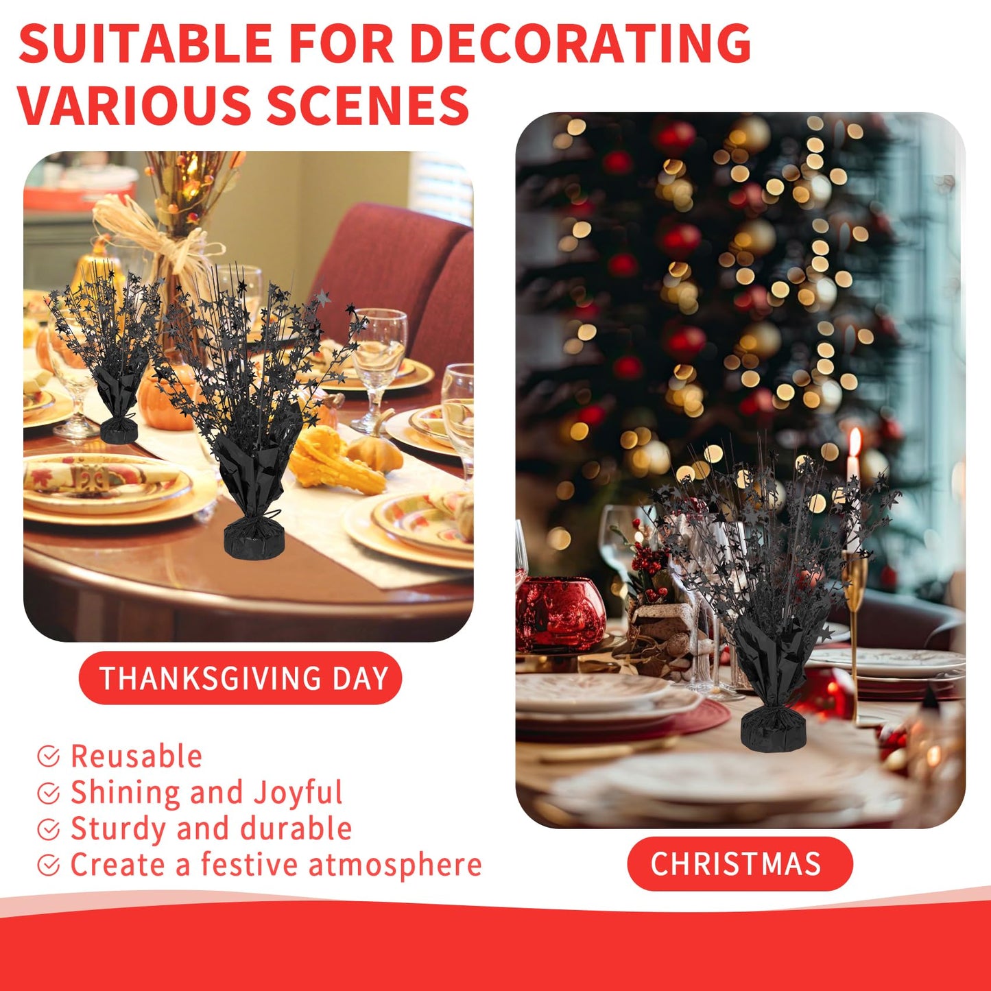 6 Pack Metallic Foil Spary Centerpieces for Tables, Black Centerpieces for Tables Decorations, Star Brust Table Centerpieces for Birthday Graduation Wedding Baby Shower Party