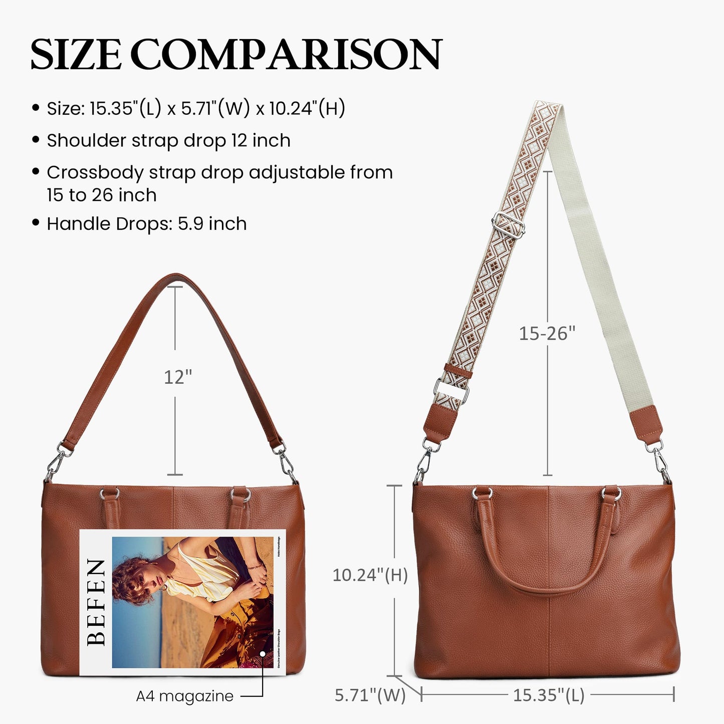 befen Brown Soft Real Leather Tote Bag for Women, Womens Leather Work Purses Handbags Crossbody Shoulder Bags with Top Handles Satchel Purse