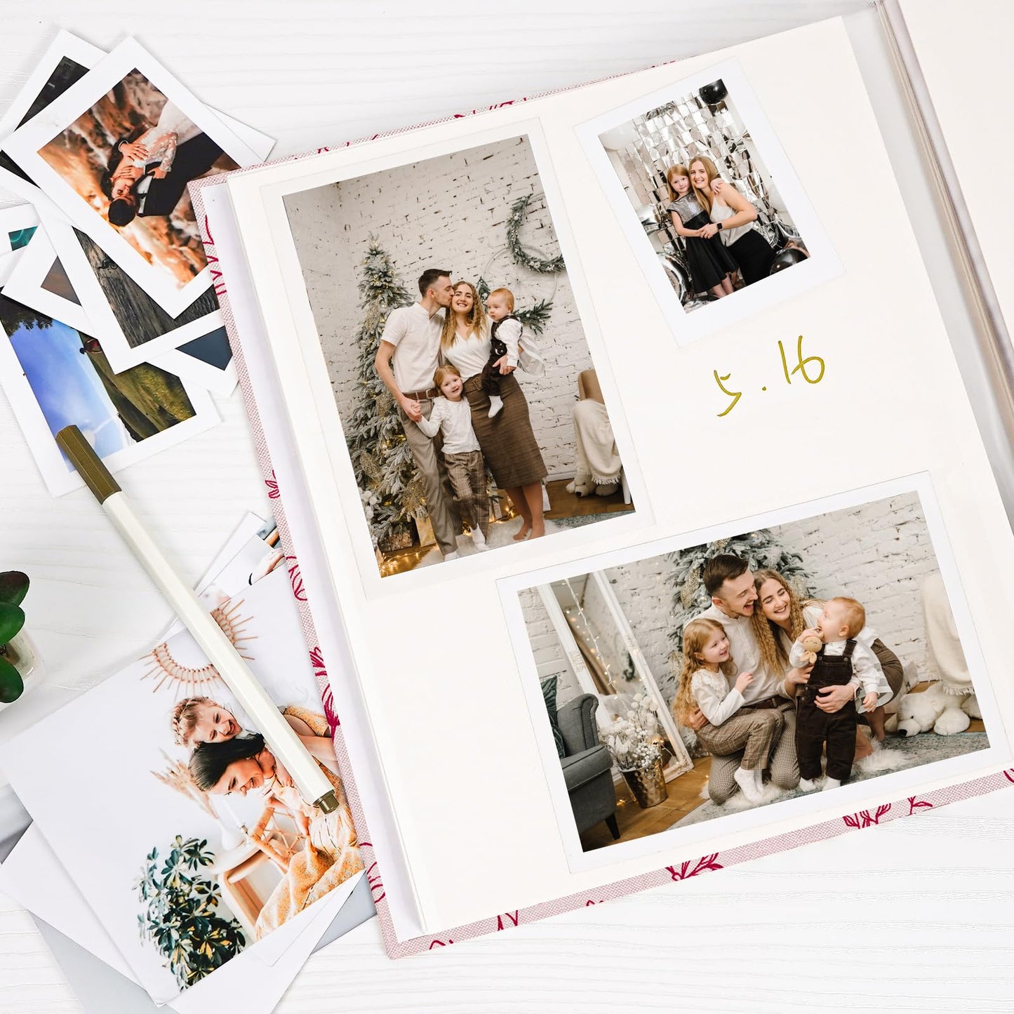 Vienrose Self Adhesive Photo Album for 4X6 8X10 Pictures, Linen Cover Scrapbook Pink Flower Printed Memory Book, 40 Blank Pages with A Metallic Pen for Baby Family Graduation Wedding Memories