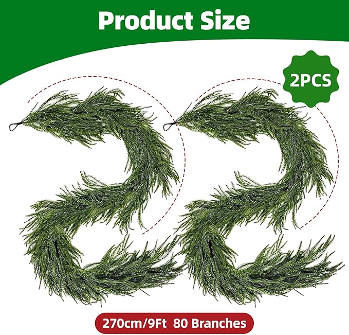 9 Ft 2 Pcs Norfolk Pine Christmas Garland - Artificial Faux Pine Needles Real Touch Winter Garland - Indoor/Outdoor Holiday Greenery Garlands for Fireplace Mantle, Staircase, Window Decor