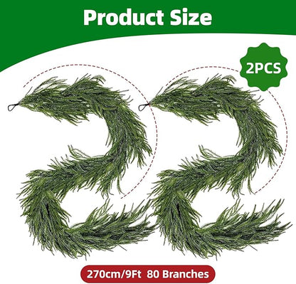 9 Ft 2 Pcs Norfolk Pine Christmas Garland - Artificial Faux Pine Needles Real Touch Winter Garland - Indoor/Outdoor Holiday Greenery Garlands for Fireplace Mantle, Staircase, Window Decor