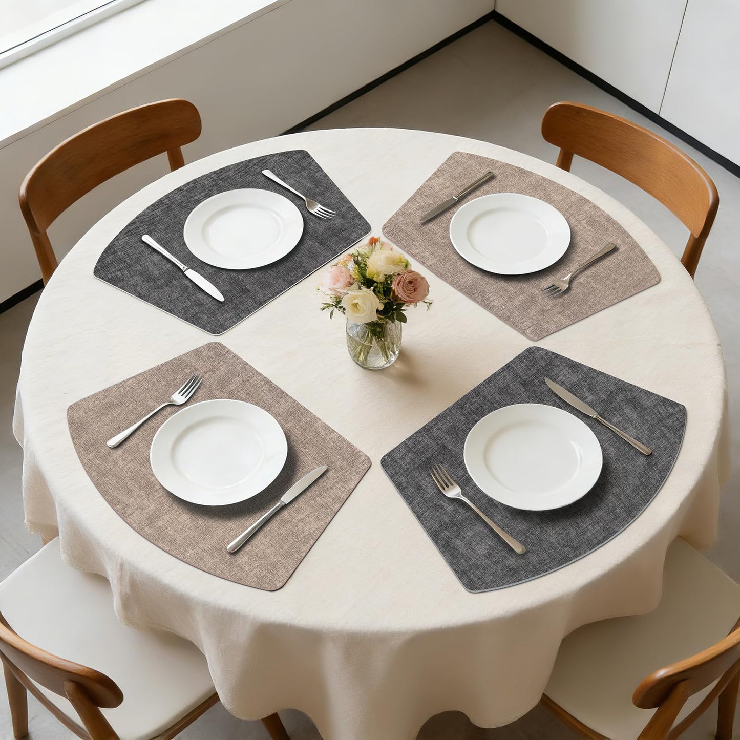 Round Table Placemats Set of 4, Dual-Sided Wedge Shape Faux Leather Table Mats, Washable Wipeable Heat Resistant Place Mats for Outdoor Indoor, Camel Gray