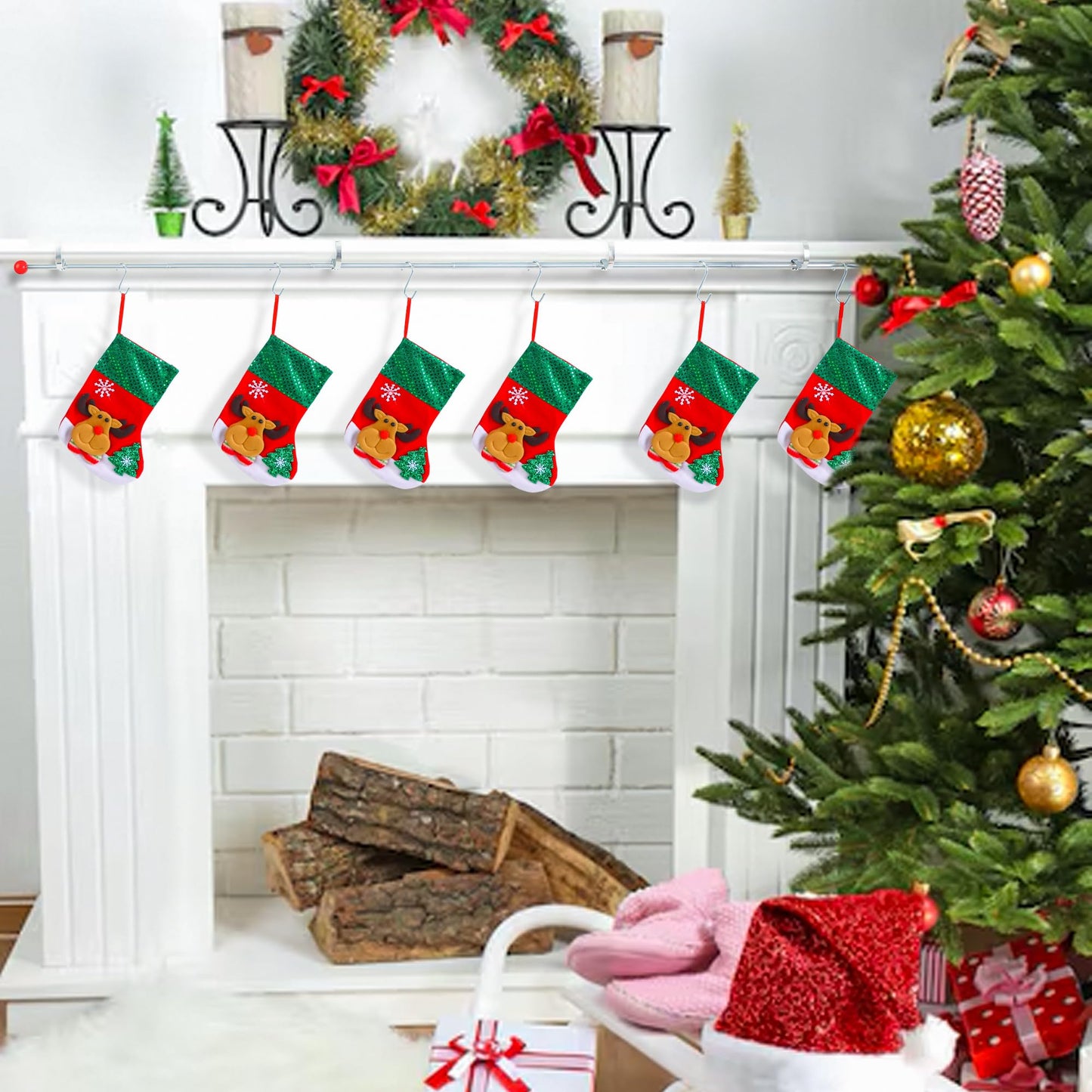 Muximud 3 in 1 Christmas Fireplace Stocking Holders for Mantel, 59" Adjustable Metal Mantel Garland Stocking Hanger Rod with 10 Hooks for Holiday Fireplace Counter Window Decoration