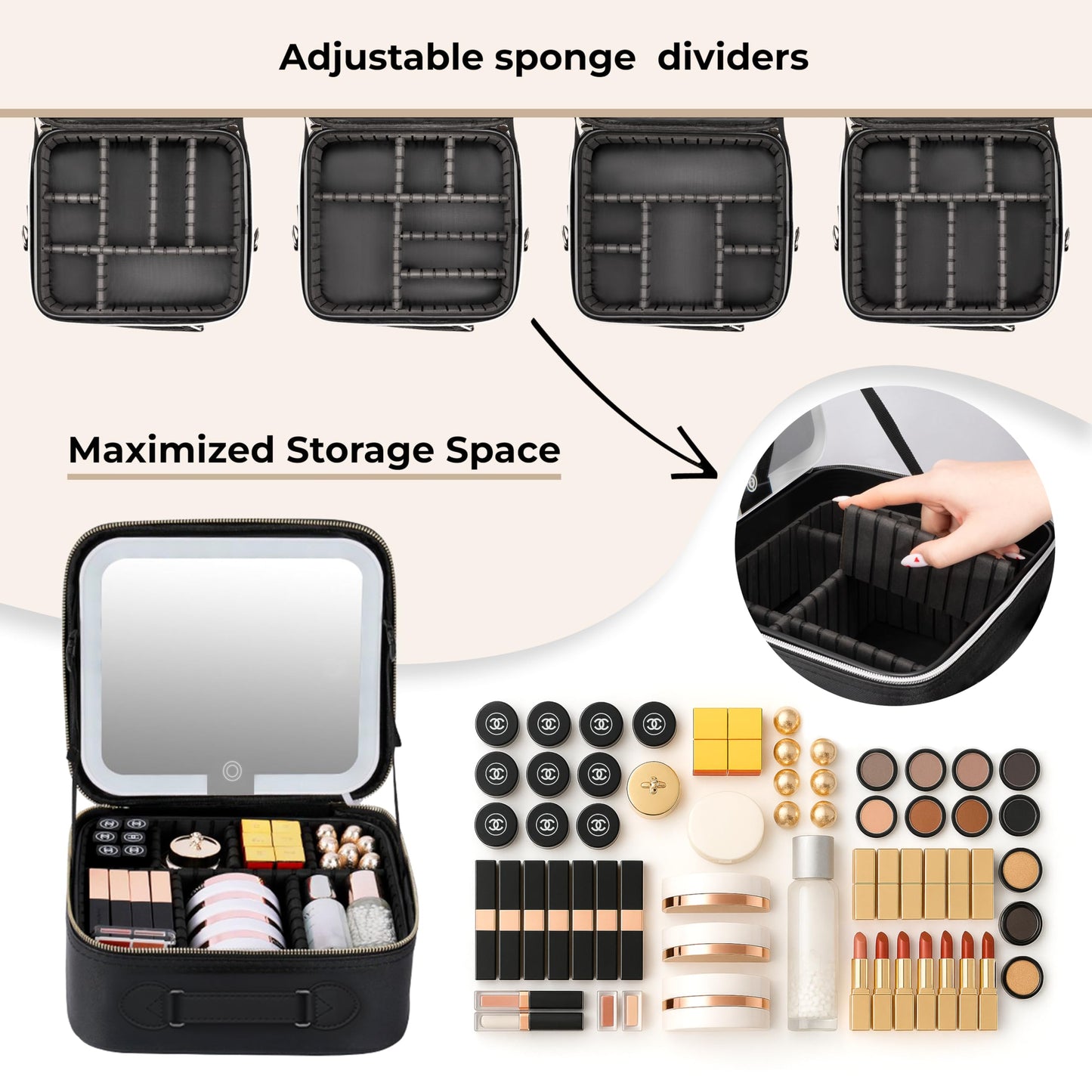 BeautyOnBoard Makeup Bag with LED Mirror, PU Leather Makeup Case - 3 Adjustable Brightness Levels, Lighted Cosmetic Case with Mirror, Dividers - Make Up Portable Storage Travel Organizer with Handle