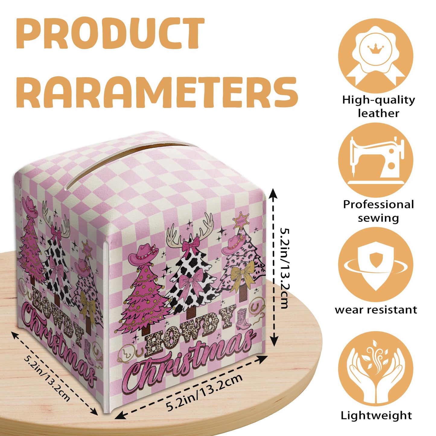 Howdy Christmas Tissue Box Holder, Pink Checkered Cowgirl Western Christmas Trees Leather Tissue Box Cover Square, Paper Facial Decorative Tissues Cover for Bathroom Office Home Decor-B07