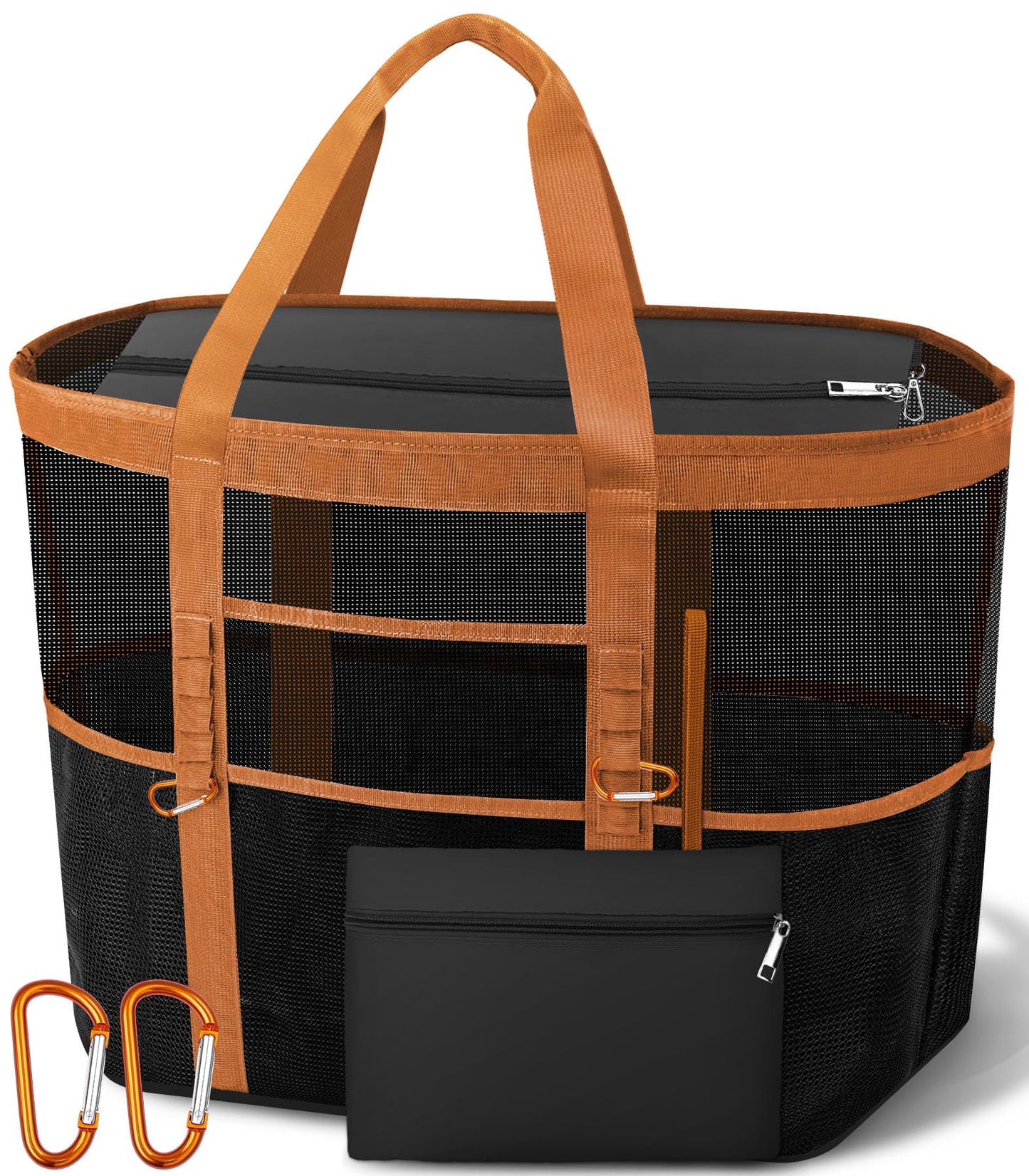 Yeendibo Chic & Spacious XX-Large Beach Bag for Women — 2026 Mesh × Canvas Tote with Top Zipper, 11 Pockets, Detachable Pouch, Foldable, 2 Carabiners