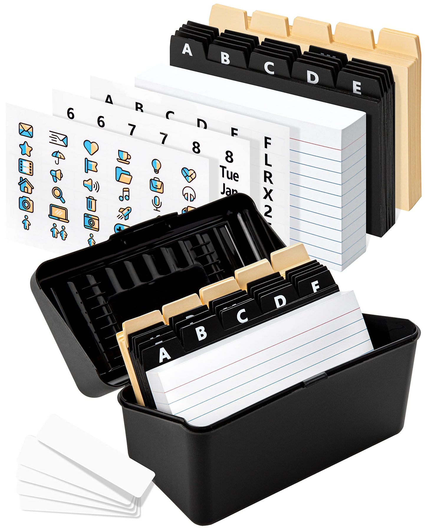 OFFILICIOUS Black Index Card Holder 4x6 - Index Card Box With Index Dividers, Ruled Cards & Stickers - Recipe & Flash Card Holder Box Organizer