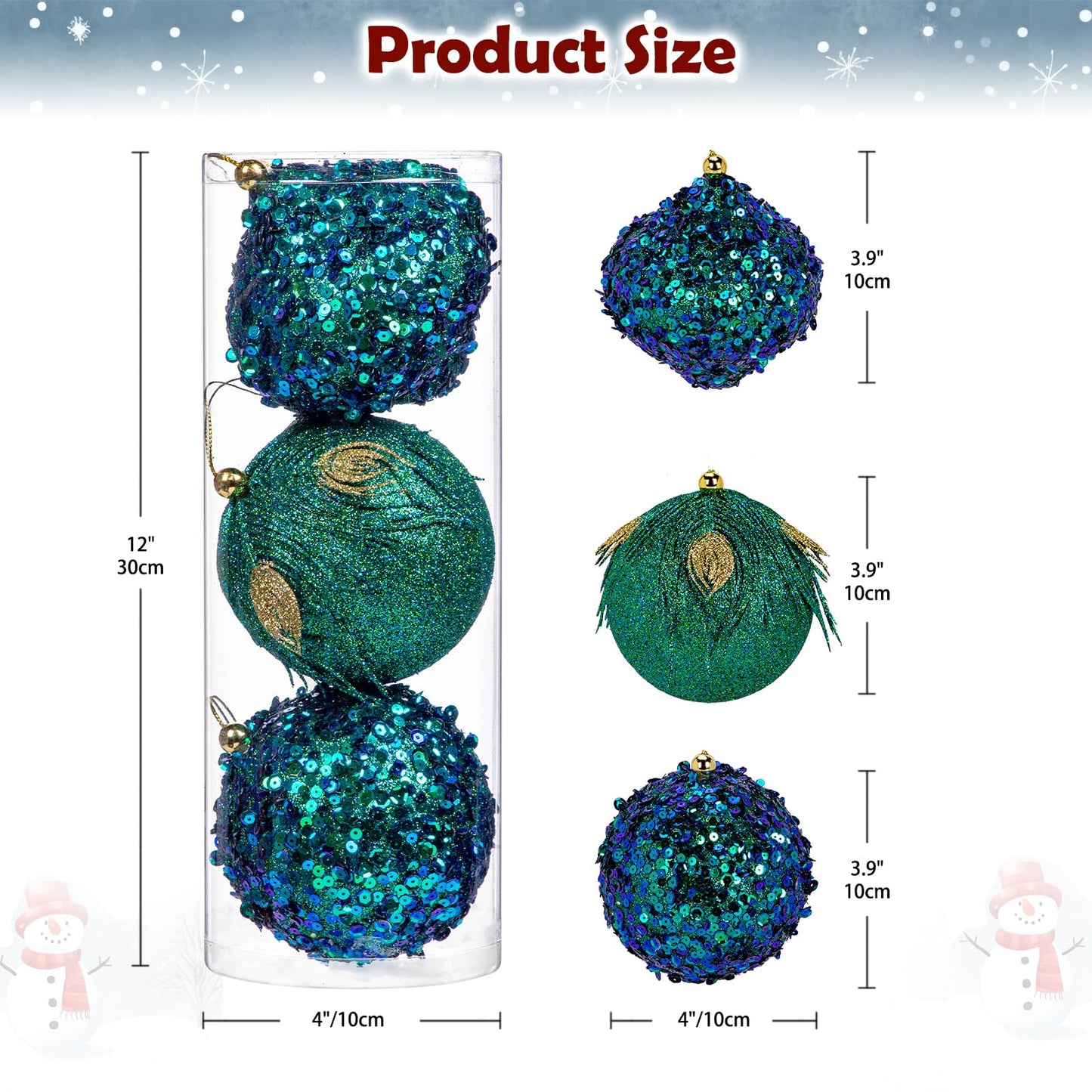 Briful 3.93'' Christmas Ball Ornaments Xmas Tree Decorations, Elegant Peacock Blue Christmas Ornaments for Home Decor Indoor Garland Holidays – Set of 3 Unique Designs