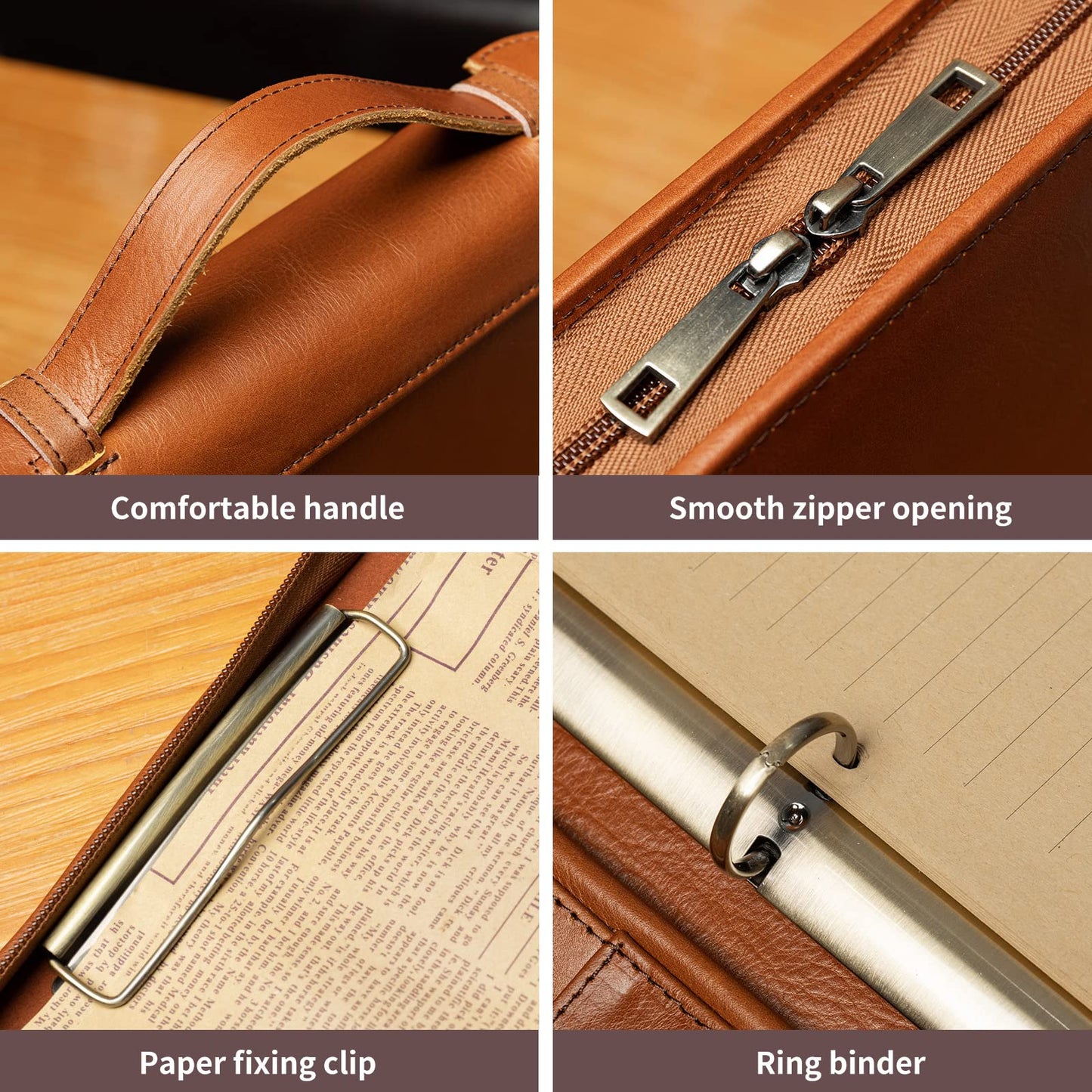 YIWEN Handmade Leather Portfolio with Handle, 3 Ring Binder, Zippered Padfolio for 13" Tablet, 8.5 x 11 Notepad, Professional Business Document Organizer (Brown, Oil Wax Leather)