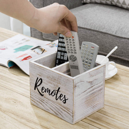 MyGift Remote Control Holder,TV Remote Holder,Wood Remote Caddy for Table,2 Large Compartment,Shabby Whitewashed Solid Wood with Black Cursive Remotes Label