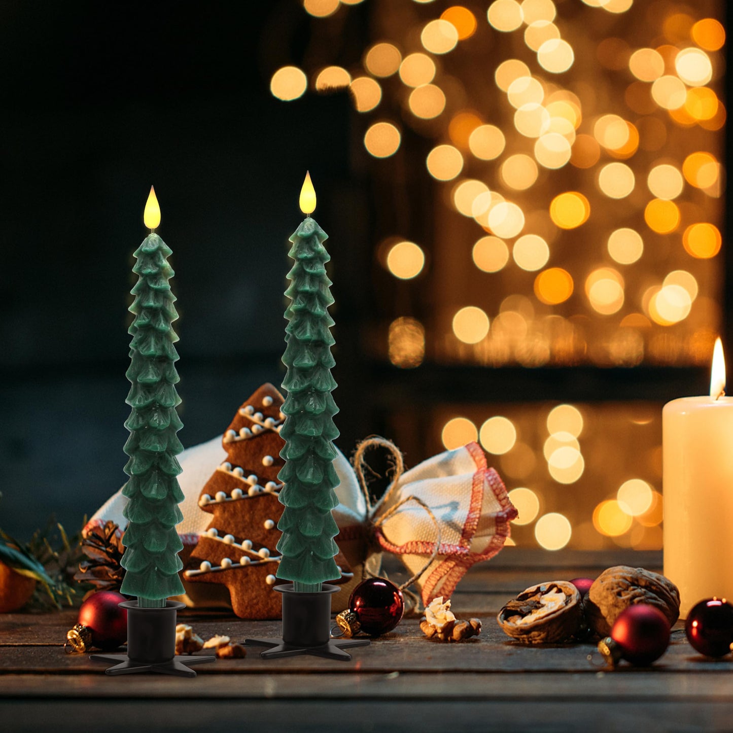 CVHOMEDECO. Christmas Tree Candles Battery Operated Taper Candle with Remote and Timer, Christmas LED Flameless Flickering Candles for Christmas Decor. 11.5 Inch, Pack of 2