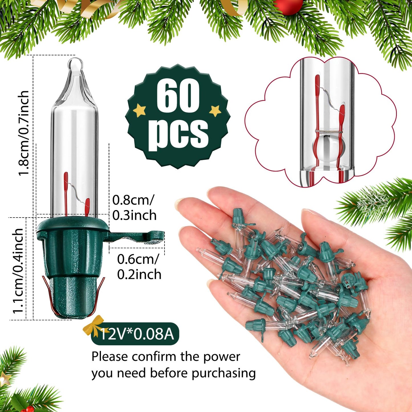 Mudder 60 Count Christmas Replacement Mini Light Bulbs with Base Christmas Tree Incandescent Wire String Lights Replacement Bulbs for Xmas Indoor Outdoor Decoration(Warm White,12Vx0.08A)